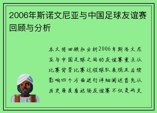 2006年斯诺文尼亚与中国足球友谊赛回顾与分析